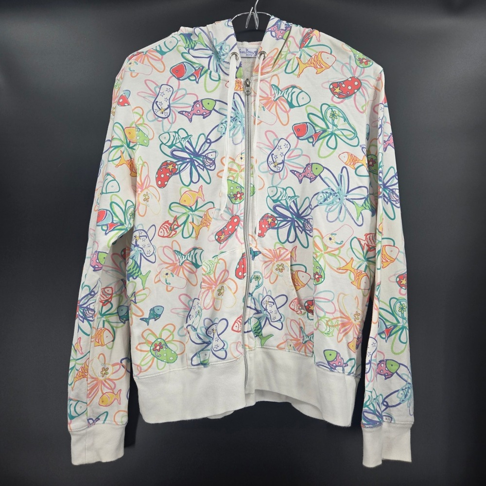 Sun Bay Missy Tropical Fish Flip Flop Full Zip Hoodie Large Y2K Beach Vibe